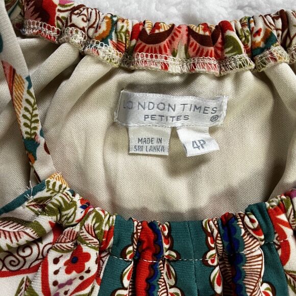 London Times Petit Women Mini Dress Size 4P Multicolor Print Strech Keyhole - Picture 4 of 7